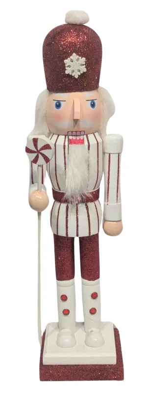 Wooden Red Peppermint Nutcracker Wearing Red Glittered Hat with White Snowflake