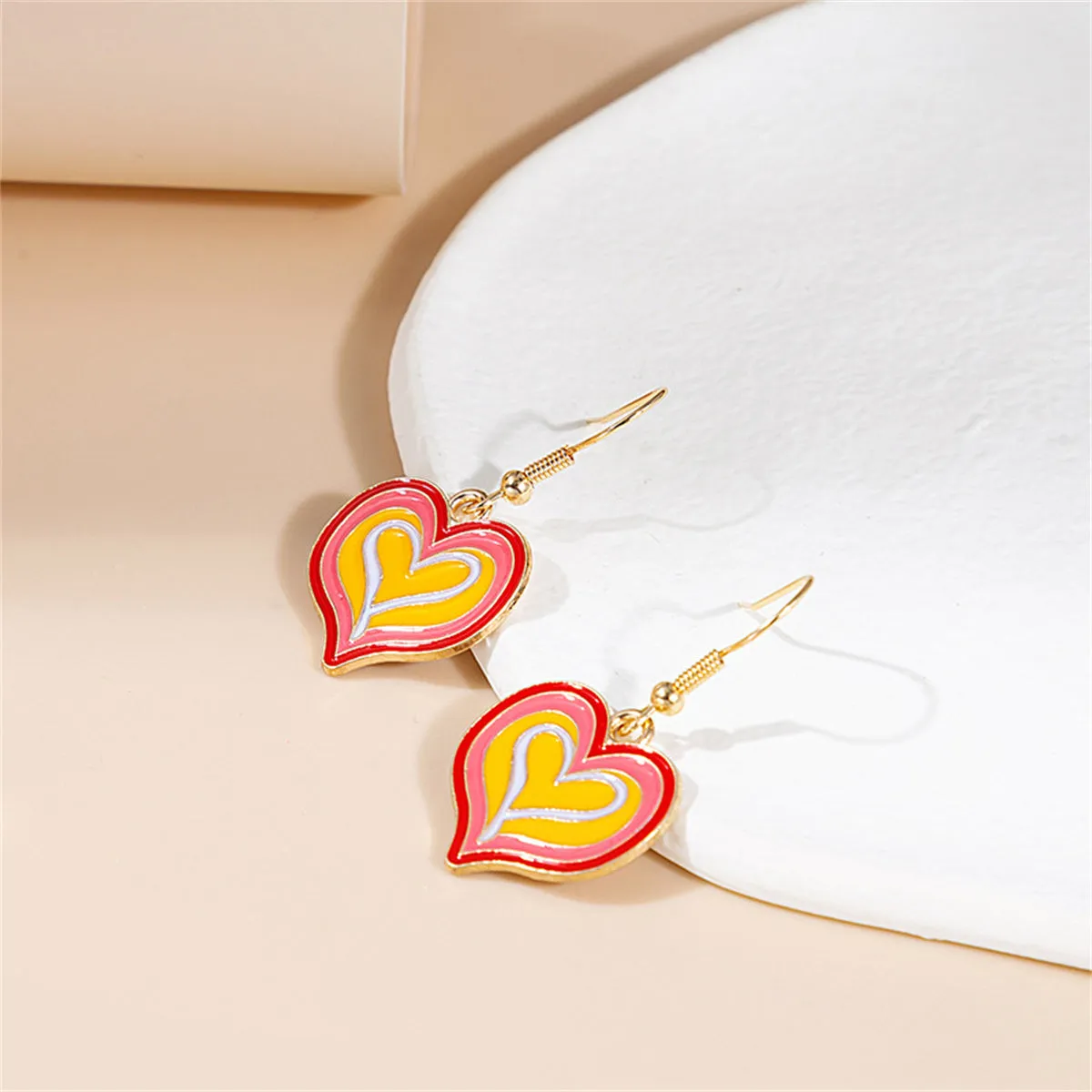 Yellow Enamel & 18K Gold-Plated Layered Heart Drop Earrings